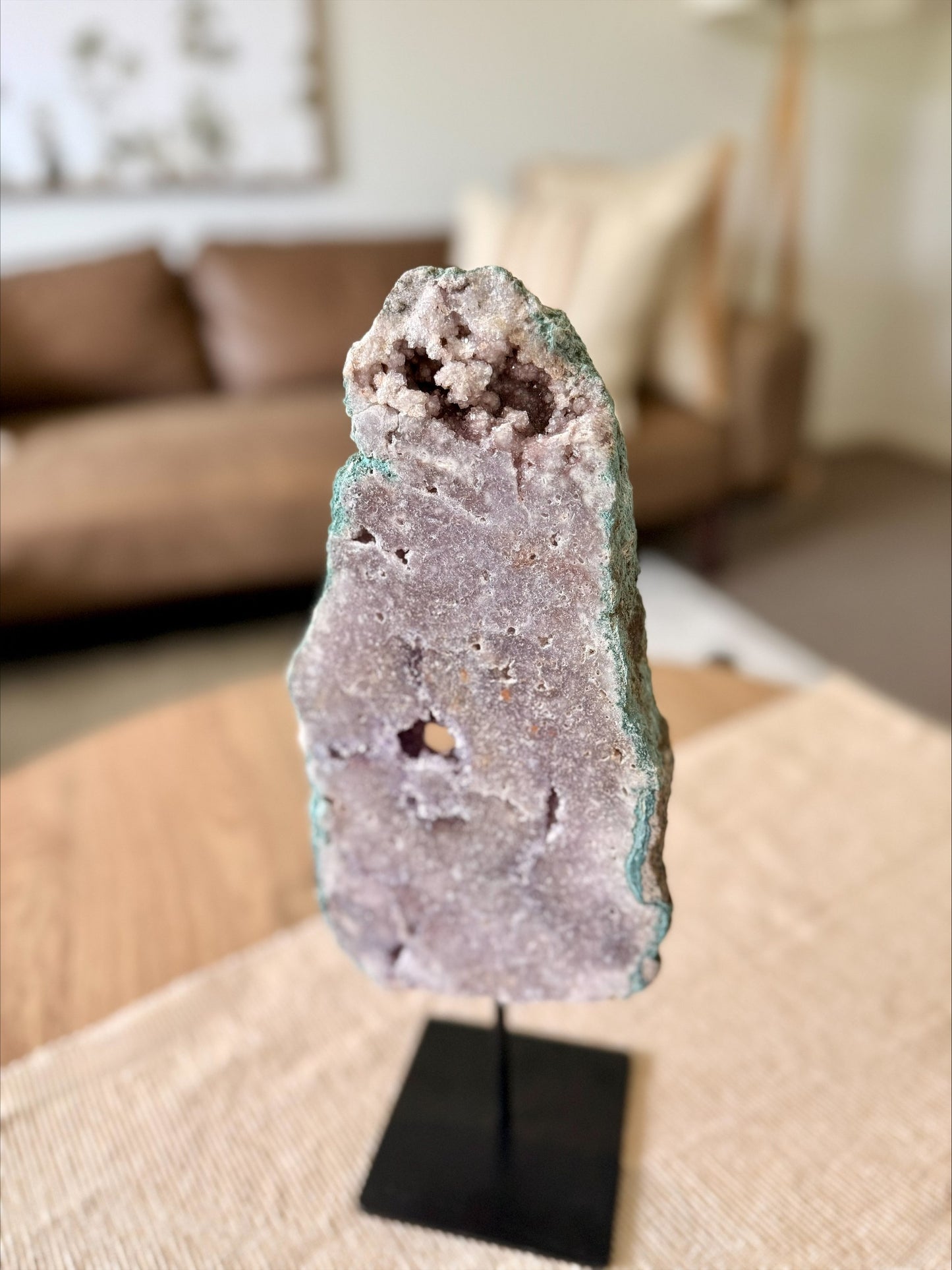 Pink Amethyst Slice on Stand – Natural Green Mineralisation