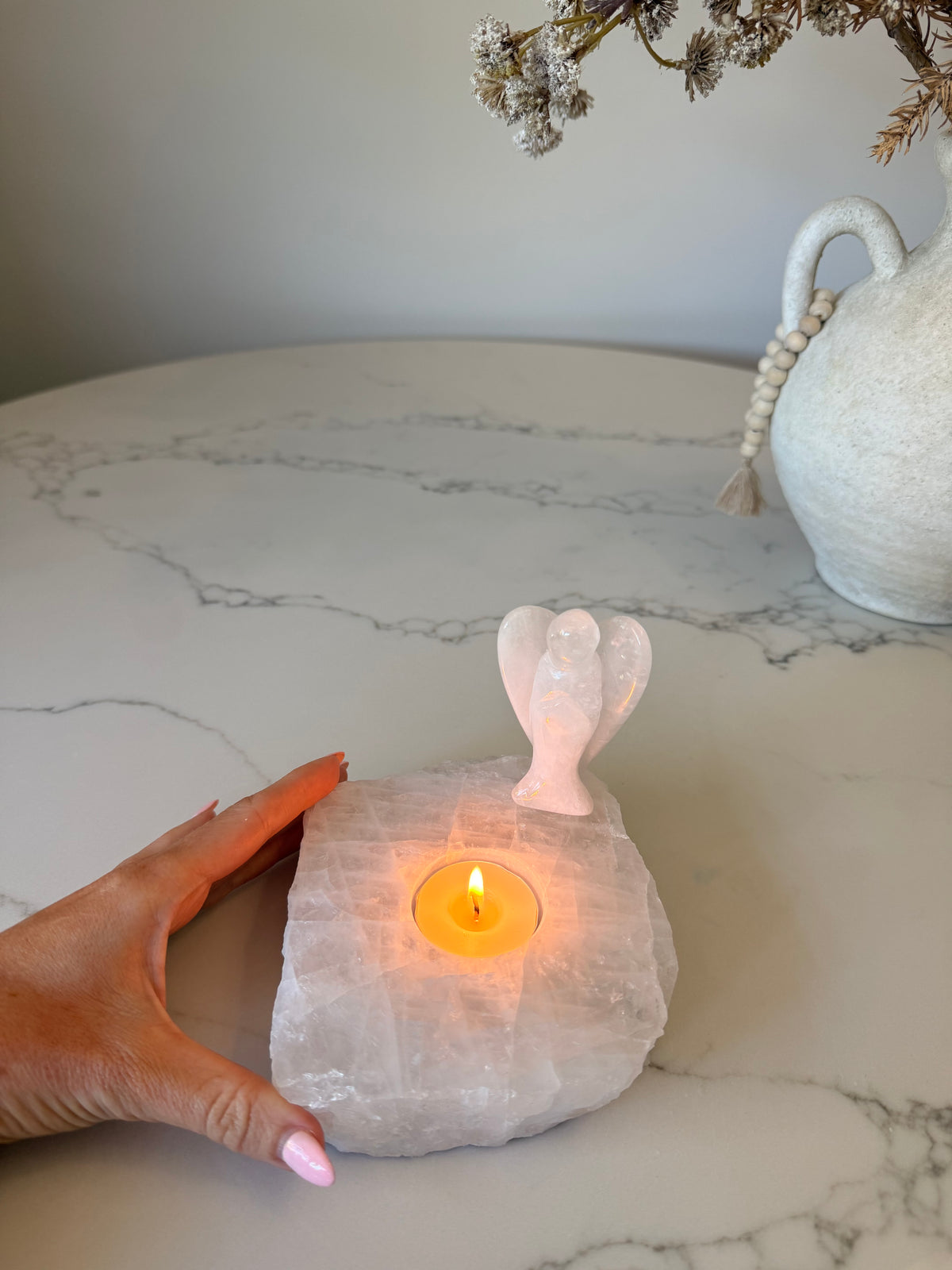 Clear Quartz Tealight Holder & Angel Set – 1.023kg