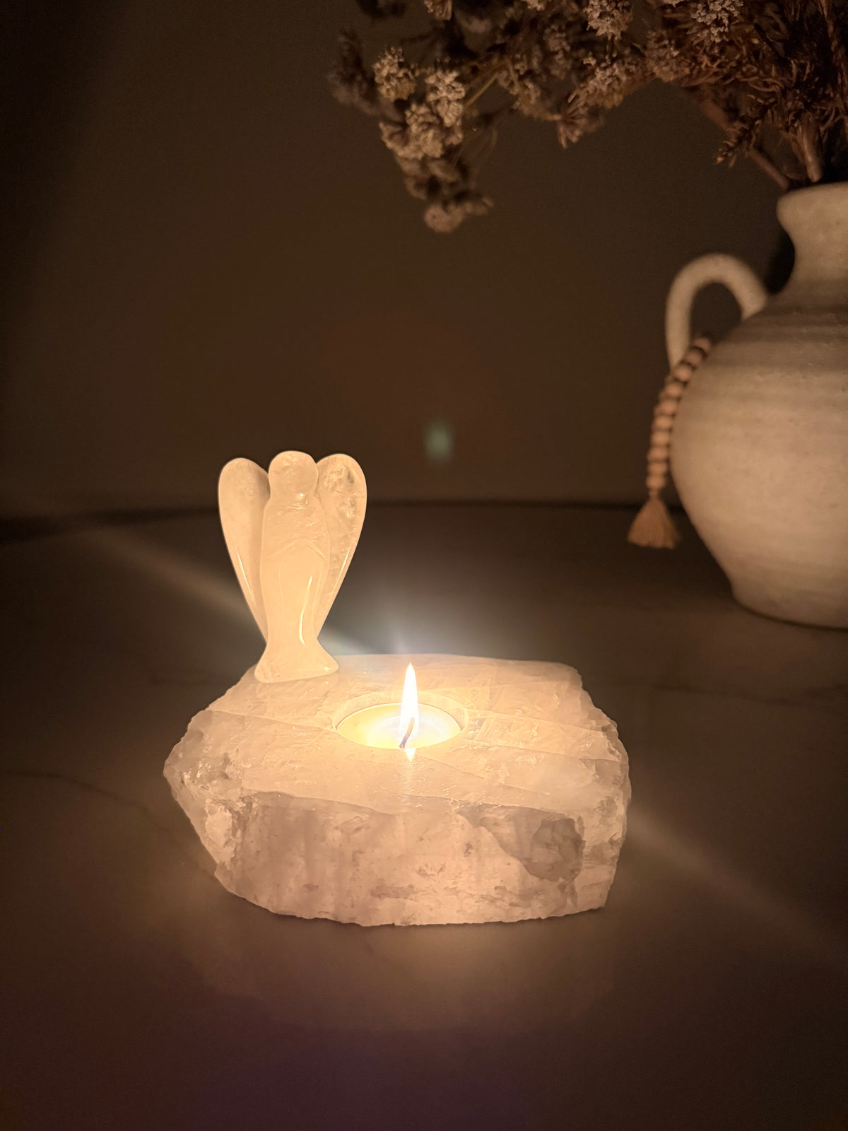 Clear Quartz Tealight Holder & Angel Set – 1.023kg