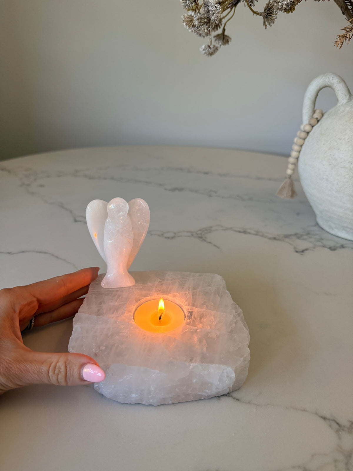 Clear Quartz Tealight Holder & Angel Set – 1.023kg