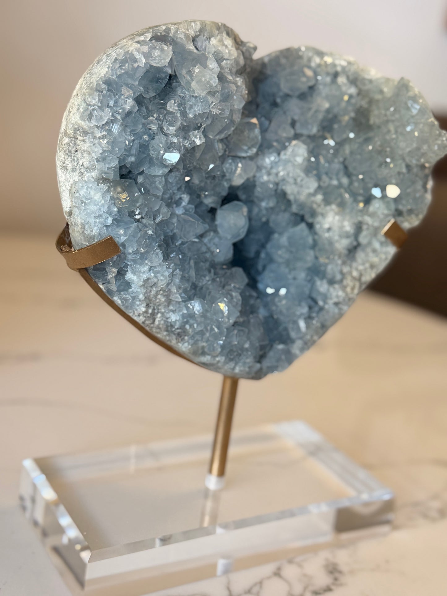 Celestite Heart on Acrylic & Gold Display Stand – 4.295kg