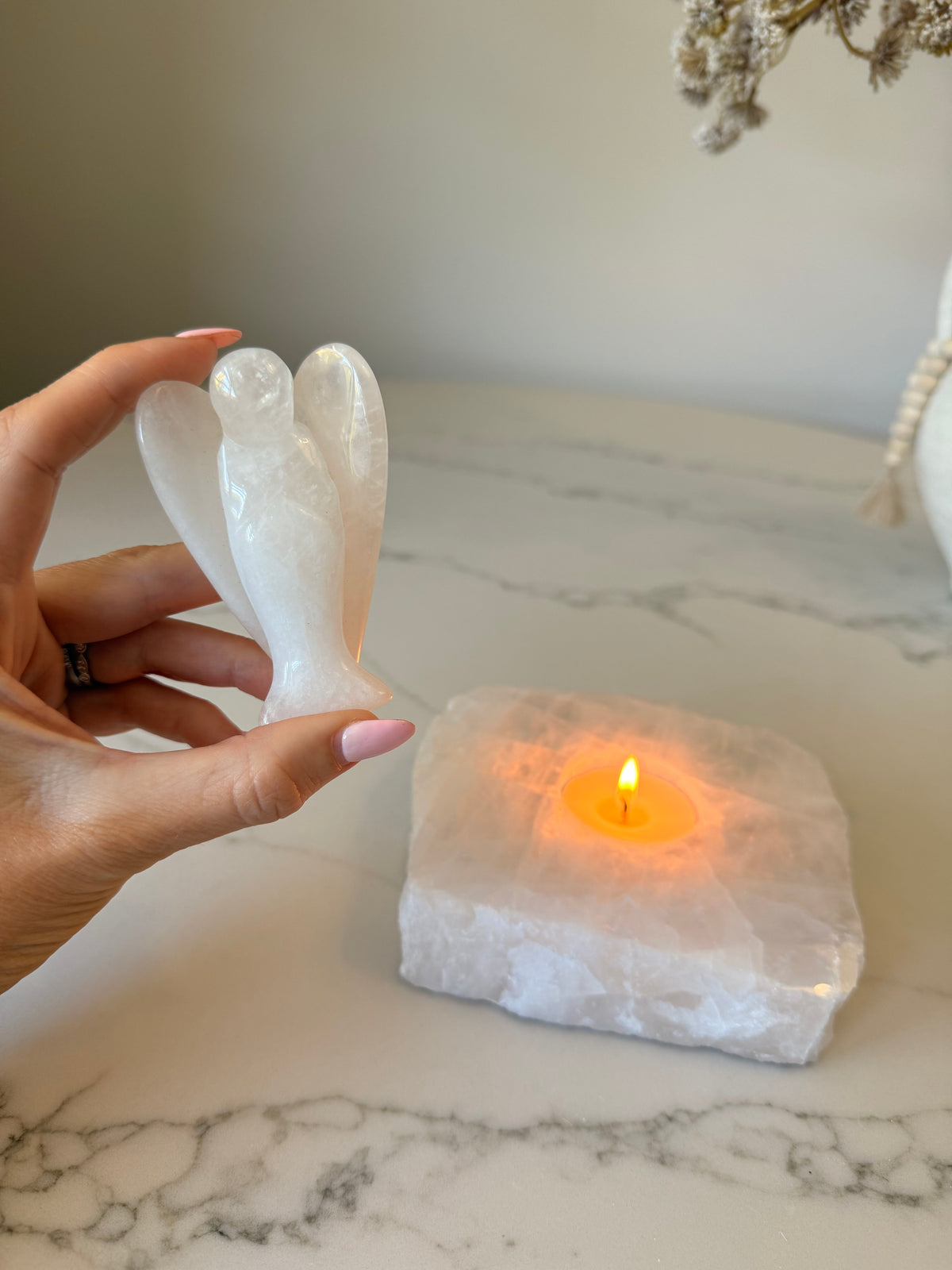 Clear Quartz Tealight Holder & Angel Set – 1.023kg