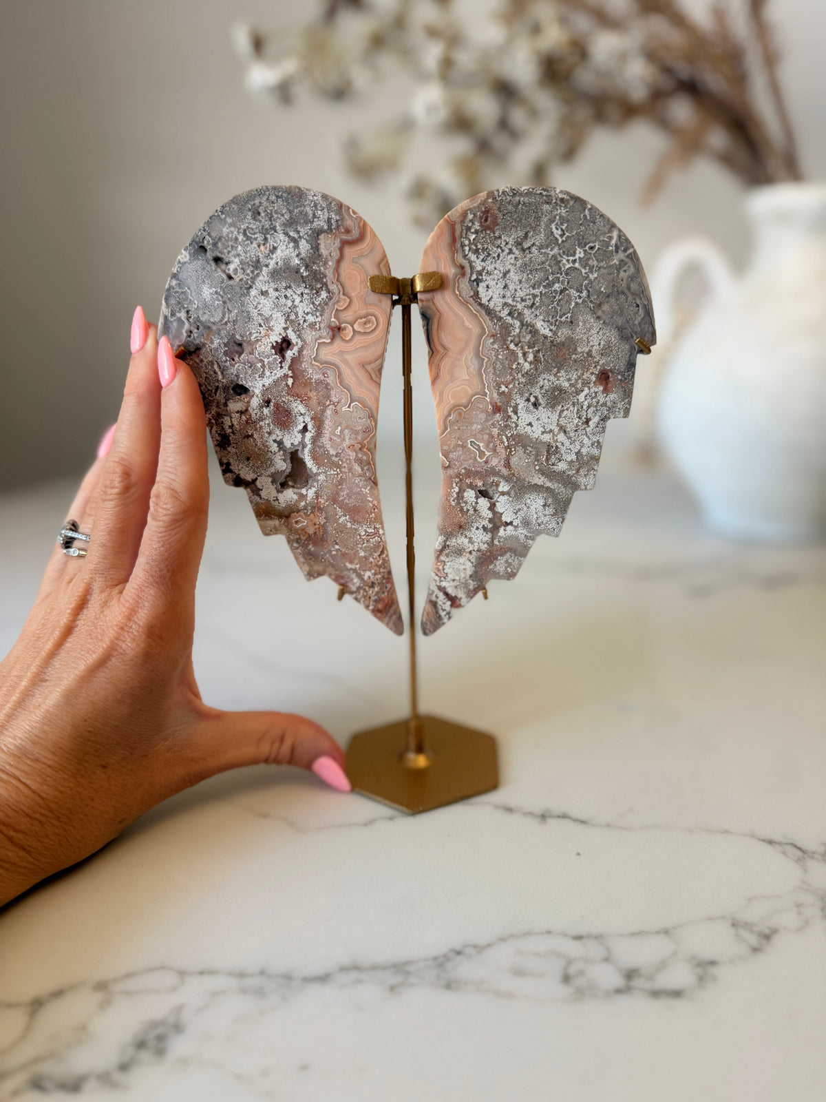 Crazy Lace Agate Angel Wings on Stand | 19cm