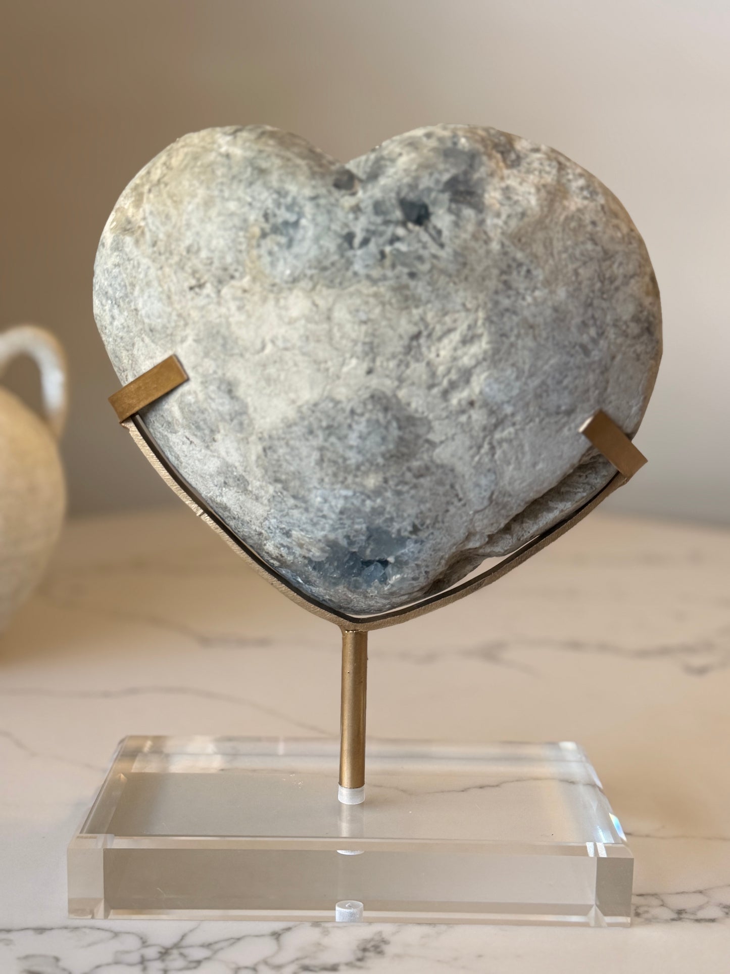 Celestite Heart on Acrylic & Gold Display Stand – 4.295kg