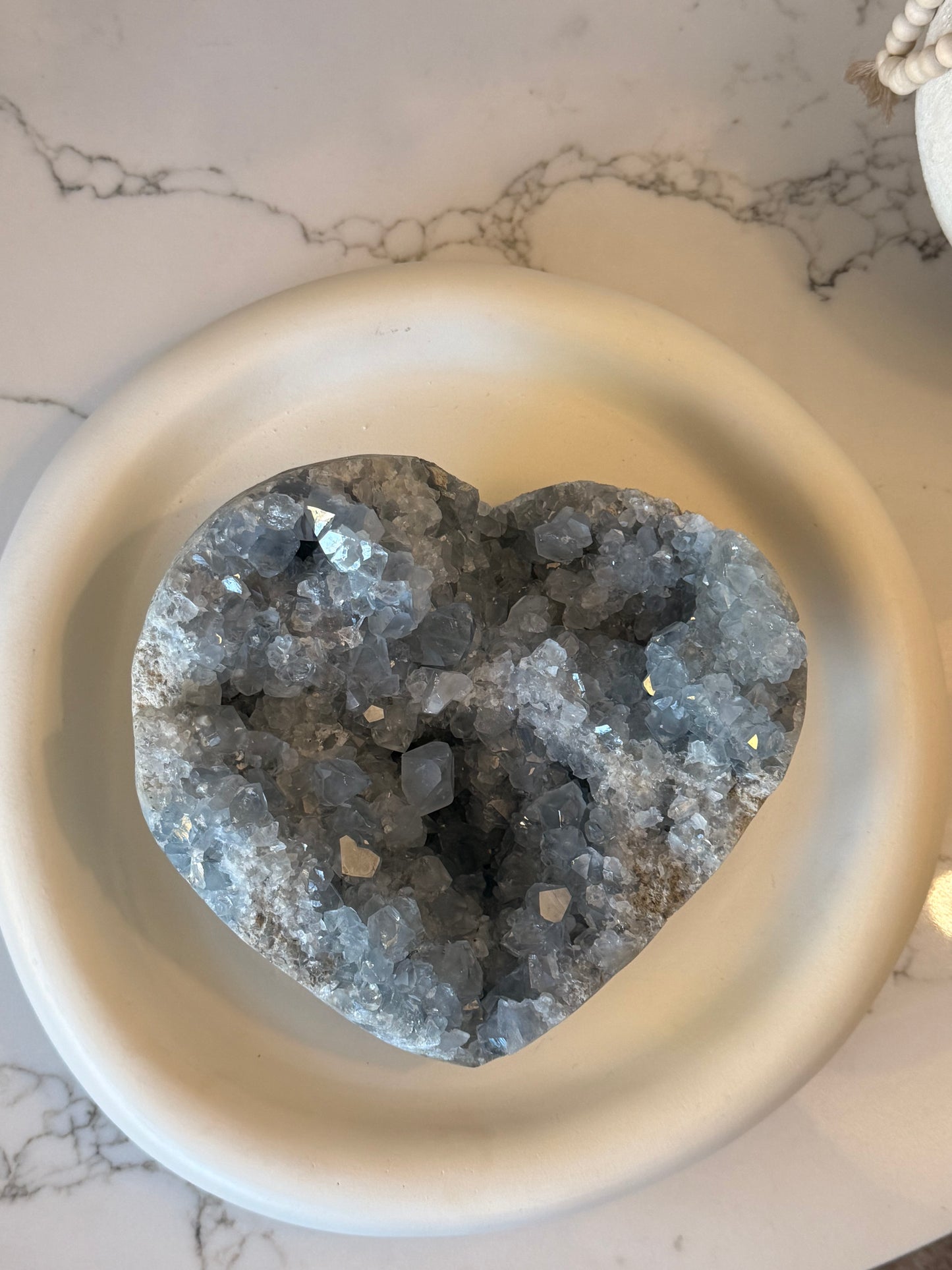 Celestite Heart on Acrylic & Gold Display Stand – 4.295kg