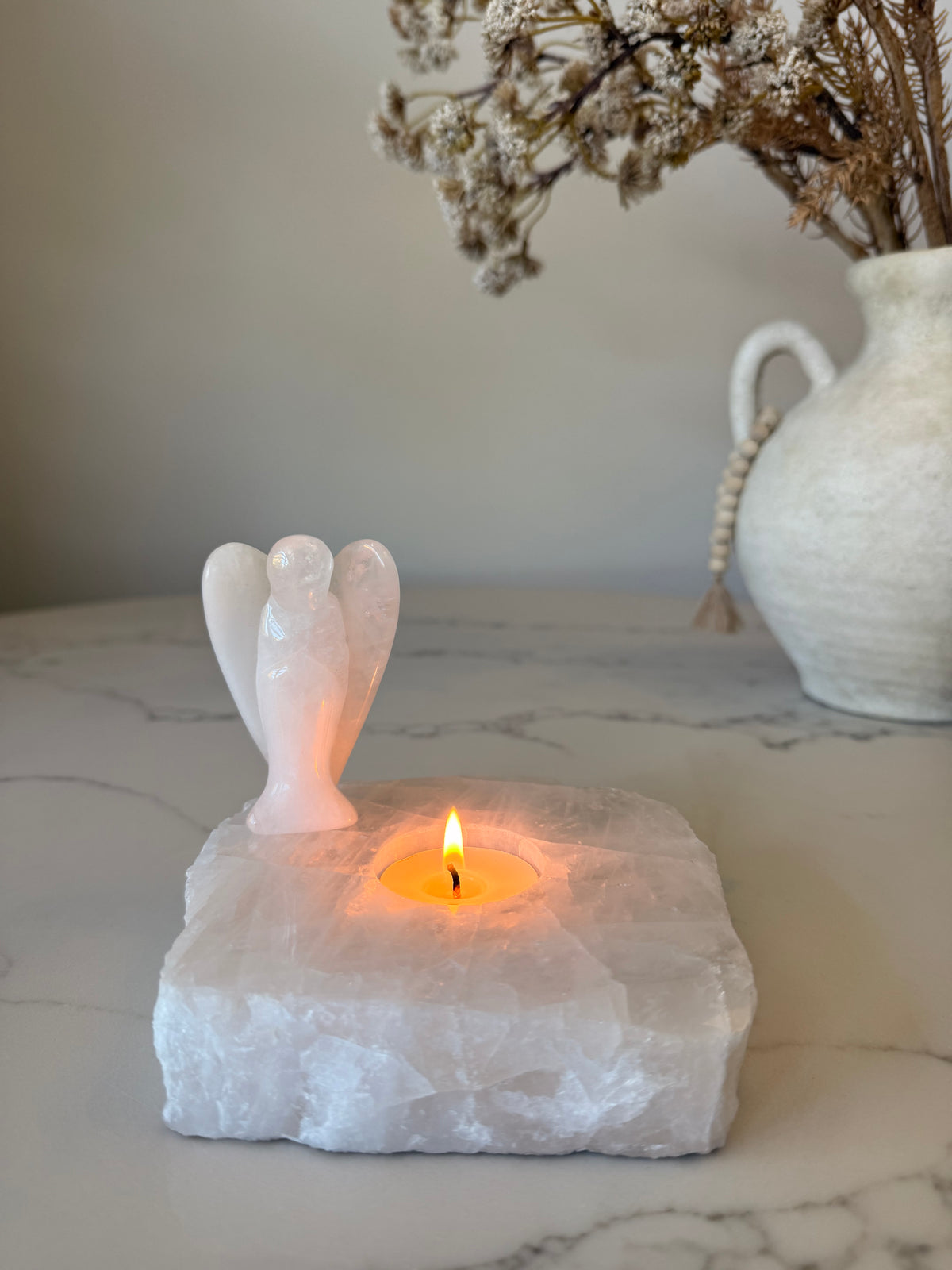 Clear Quartz Tealight Holder & Angel Set – 1.023kg