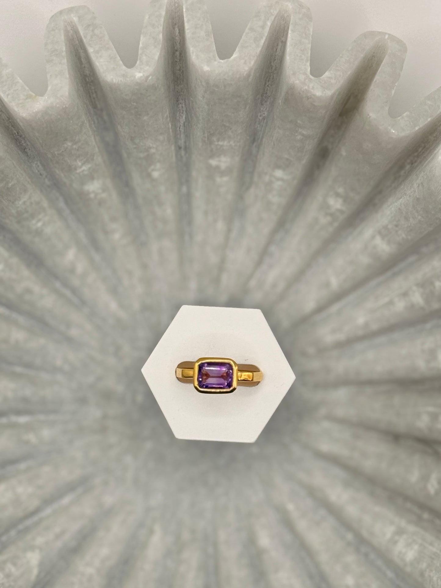 Gold Plated Amethyst Baguette Ring – Geometric Band – Size 7