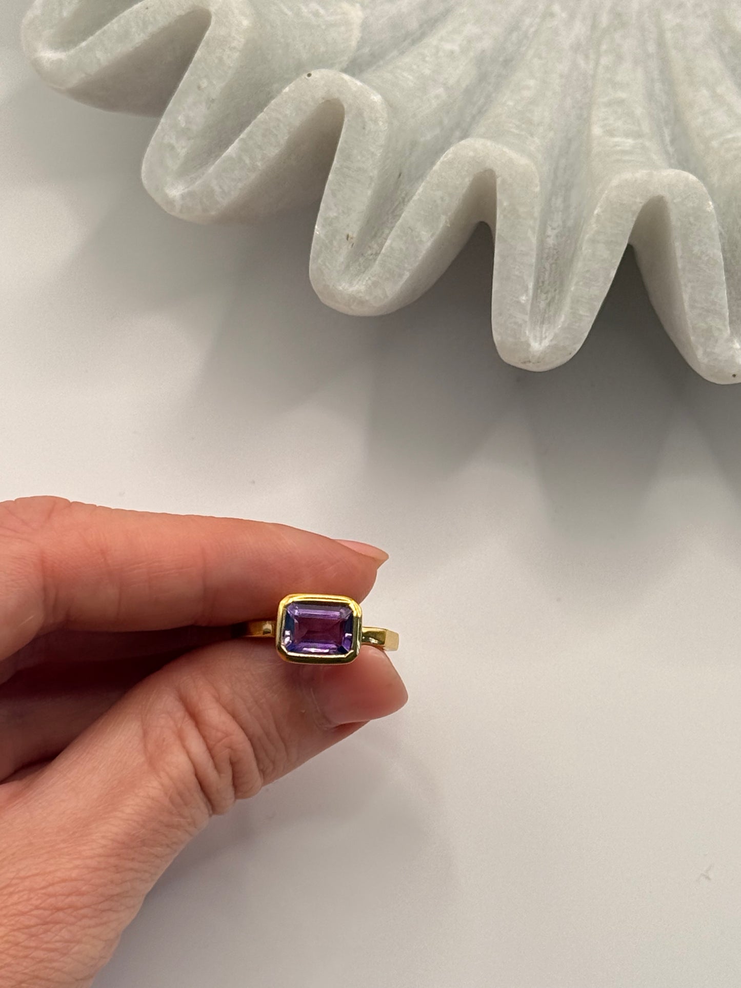 Gold Plated Amethyst Baguette Ring – Geometric Band – Size 7