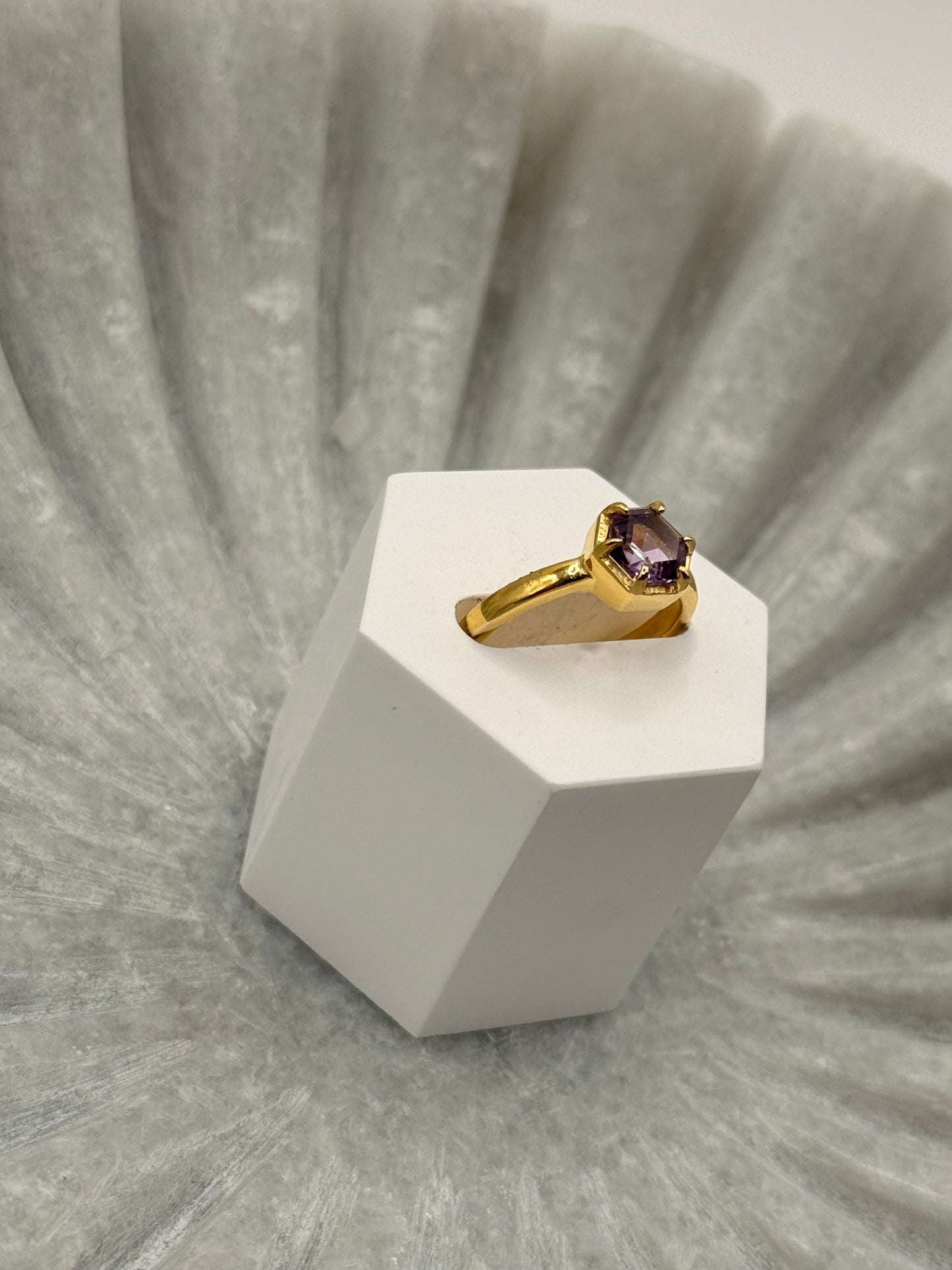 Amethyst Hexagon Ring – Gold Plated – Size 6