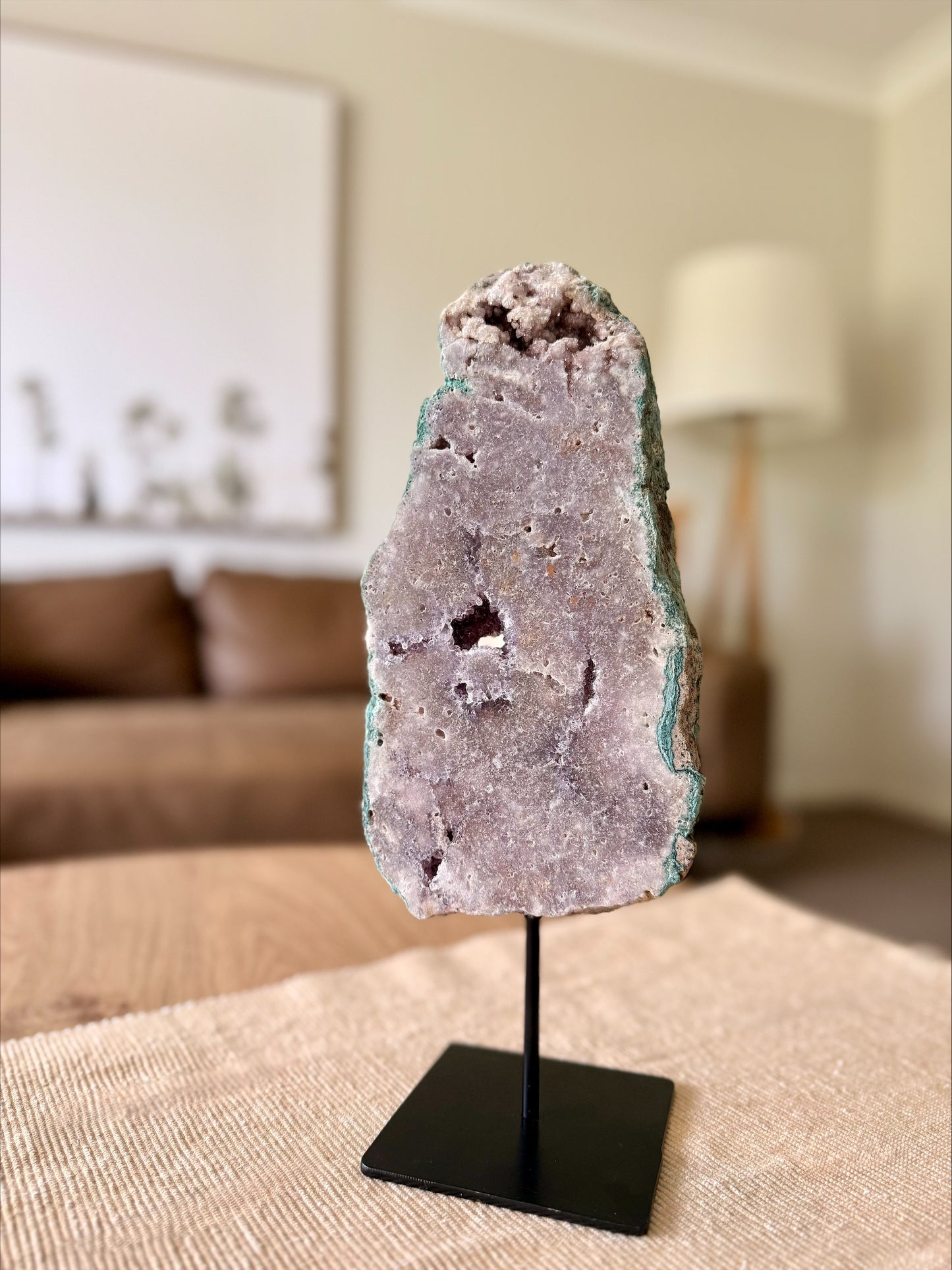 Pink Amethyst Slice on Stand – Natural Green Mineralisation
