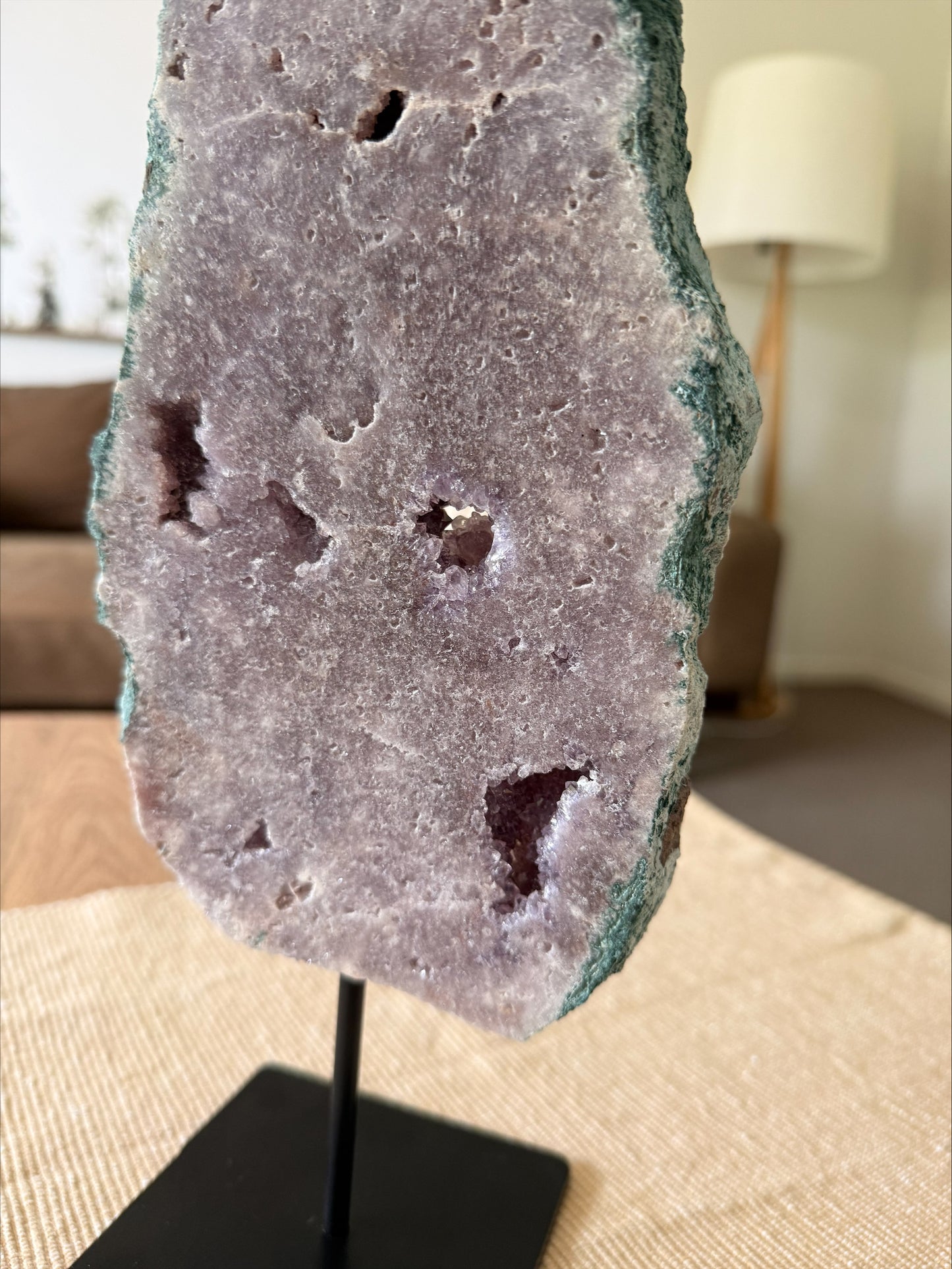 Pink Amethyst Slice on Stand – Natural Green Mineralisation
