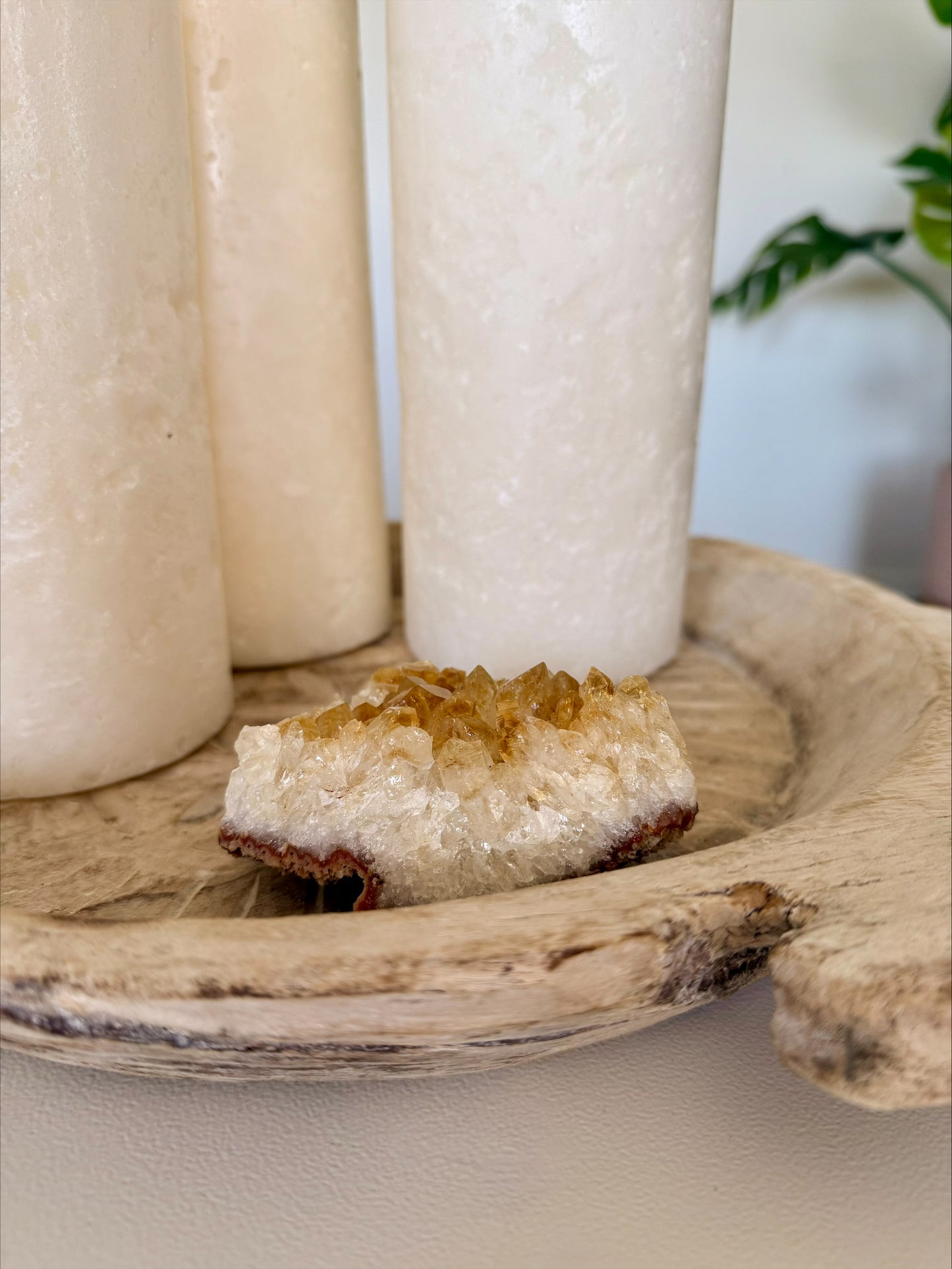 Citrine quartz crystal cluster with golden tips