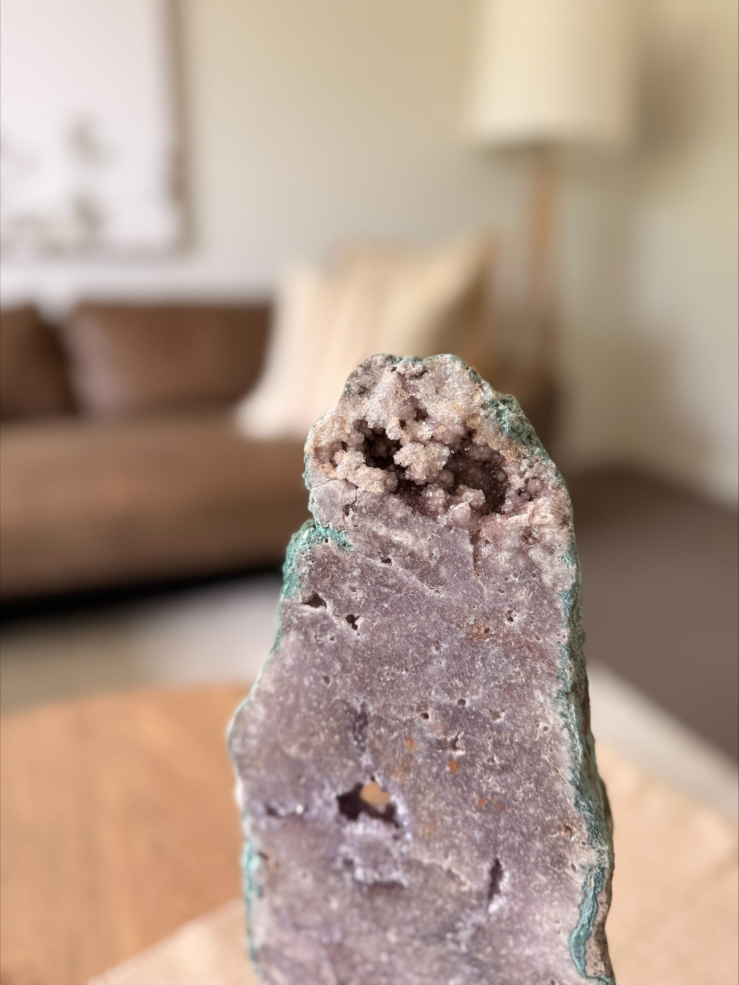 Pink Amethyst Slice on Stand – Natural Green Mineralisation